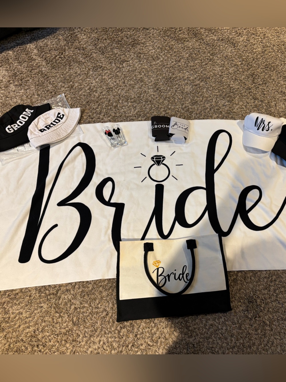 Bride & Groom Accessories - towel, bucket & baseball hats, koozies, shot glasses